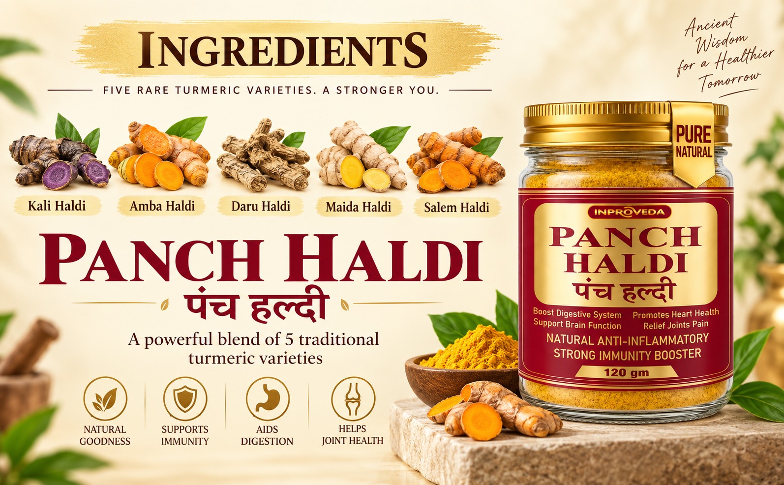 Pancham Haldi Powder 120g - Premium Blend of 5 Ayurvedic Turmerics including Kali, Selam, Daru & Amba Haldi for Detox & Wellness | Natural Immunity Booster, Anti-Oxidant & Anti-Inflammatory Support | 100% Pure & Natural No Preservatives, Colors or Flavors | Inproveda Panch Haldi or Turmeric Powder - 120gm