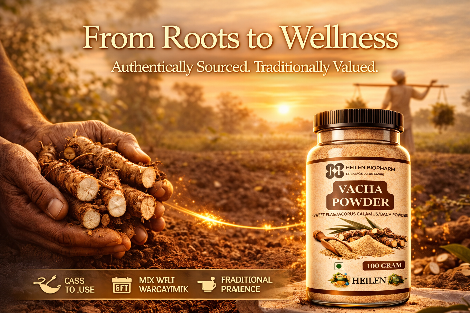 Heilen Biopharm Vacha Powder (Acorus Calamus/Sweet Flag/Bach) | 100 g | Pack of 2 | Premium Herbal for Wellness & Traditional Use | 100% Pure & Natural | Vegan & Lab Tested