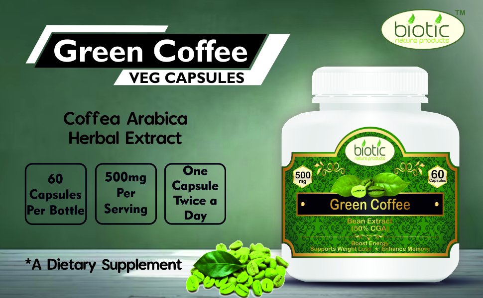 Biotic Natural Green Coffee Bean Capsules - Green Coffee Extract 500mg - 60 Veg Capsule