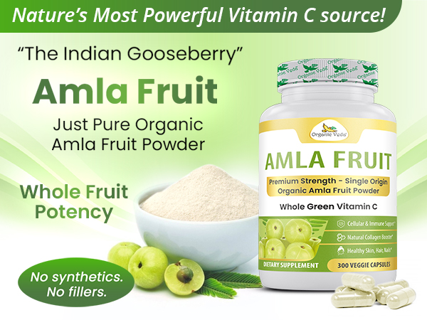 Organic Veda Amla Capsules - 1500mg, 300 Capsules - Natural Vitamin C Supplement with Antioxidants, Polyphenol for Immunity, Skin Glow & Hair Growth - Single Origin Premium Organic Amla Fruit Powder