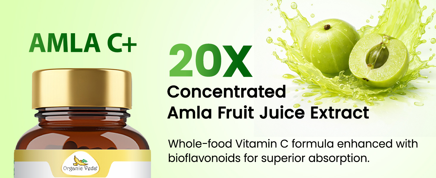 Organic Veda Amla + Capsules, 20 X Concentrated Amla Fruit Juice Extract Natural Vitamin C Supplement - Antioxidants, Immunity, Skin & Hair Growth Support - Whole Green Vitamin C 120 Vegan Capsule