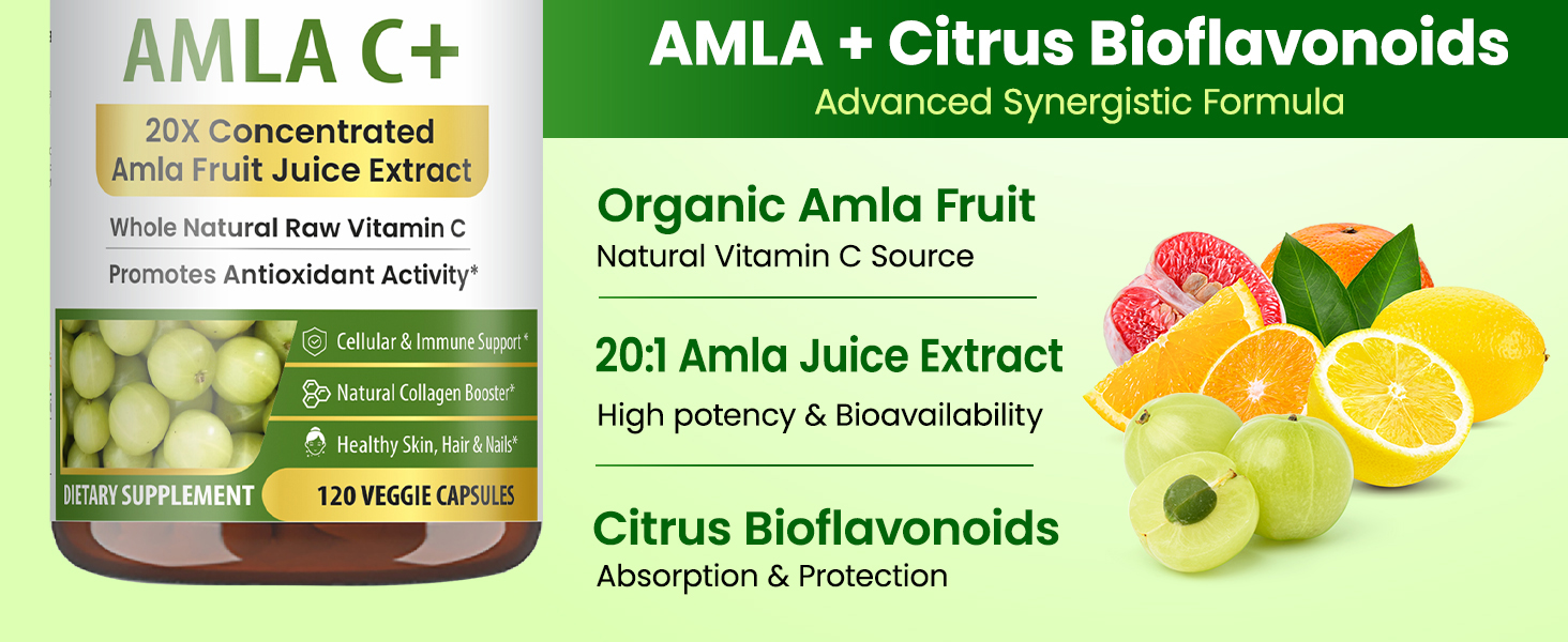 Organic Veda Amla + Capsules, 20 X Concentrated Amla Fruit Juice Extract Natural Vitamin C Supplement - Antioxidants, Immunity, Skin & Hair Growth Support - Whole Green Vitamin C 120 Vegan Capsule