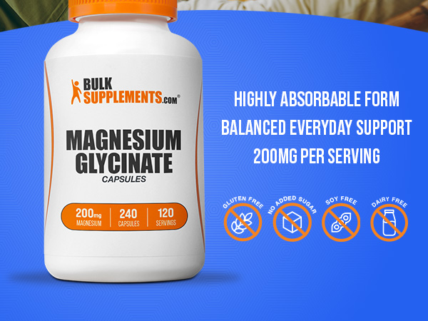 BulkSupplements.com Magnesium Glycinate Capsules - Magnesium Supplement, Magnesium Glycinate 200mg - Gluten Free, 2 Capsules per Serving, 240 Count (Pack of 1)