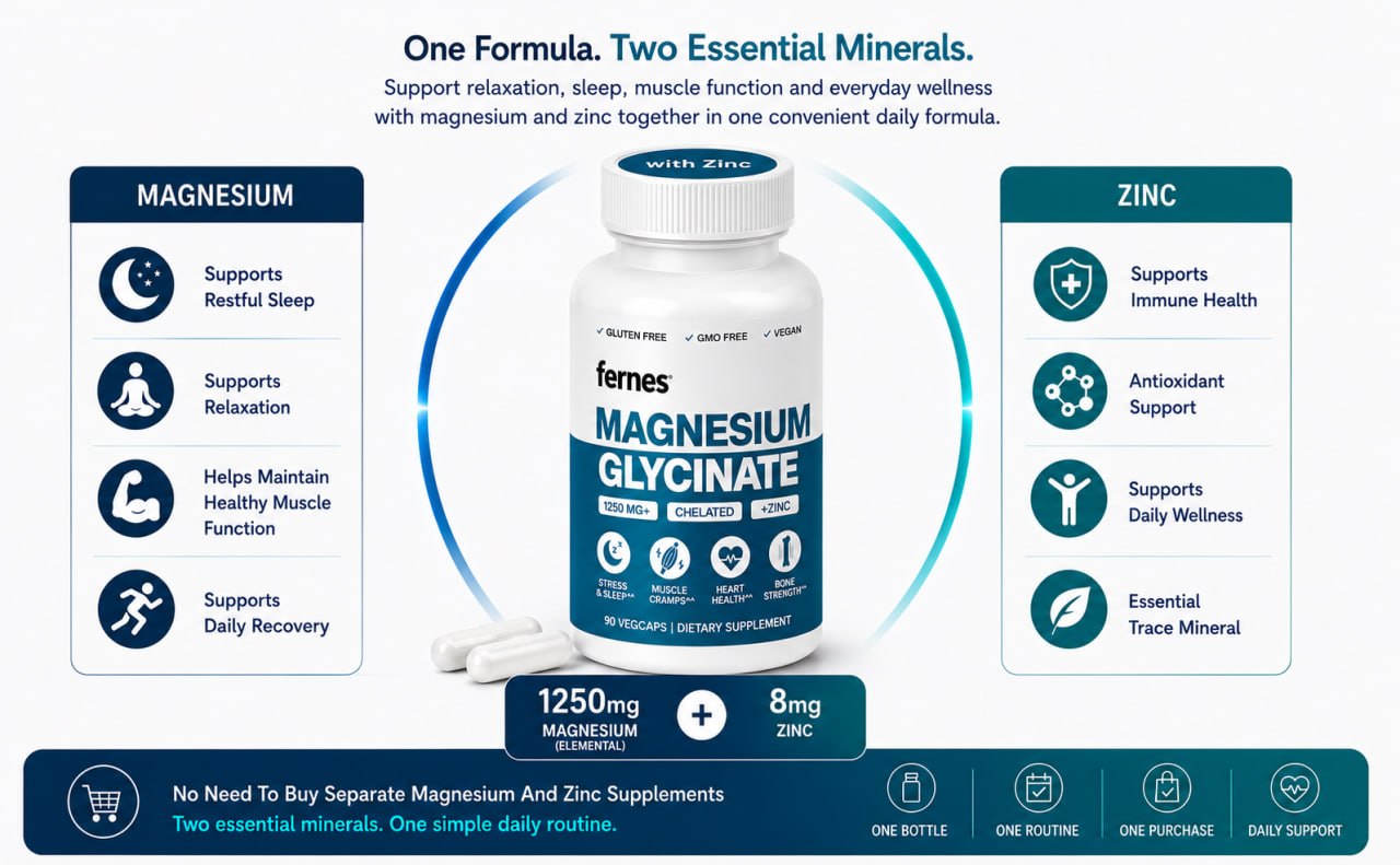 Magnesium Glycinate with Zinc - 275mg Elemental Magnesium + 8mg Zinc for Active Adults, Athletes & Anyone Under Stress Who Need Better Sleep, Muscle Recovery and Immune Support, 90 Capsules