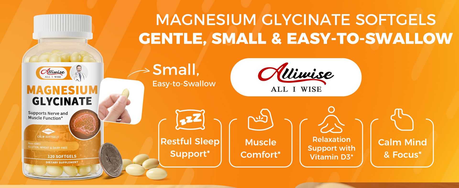 Magnesium Glycinate 400mg Softgels,Small Easy to Swallow Magnesium Capsules