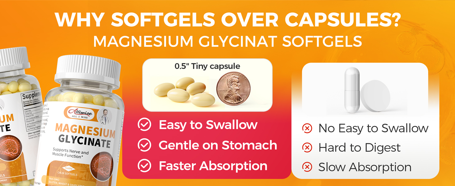 Magnesium Glycinate 400mg Softgels,Small Easy to Swallow Magnesium Capsules