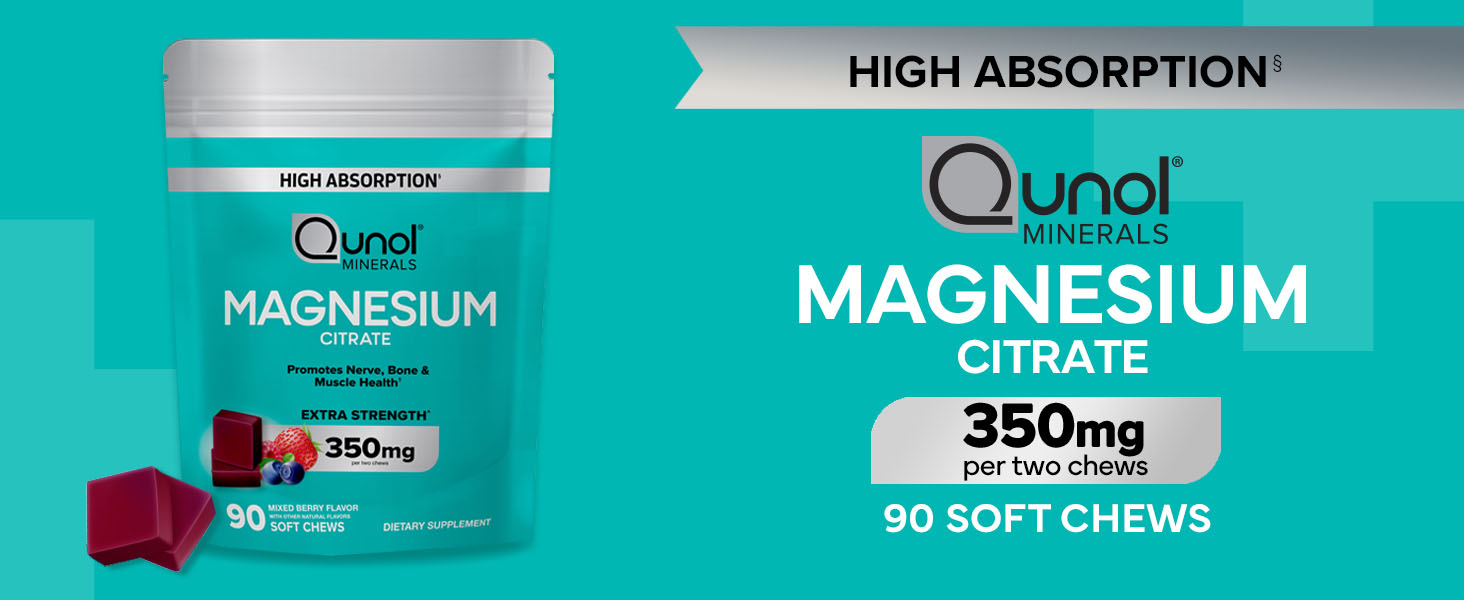 Qunol Magnesium Citrate Soft Chews 350mg, High Absorption, Vegetarian, 90ct