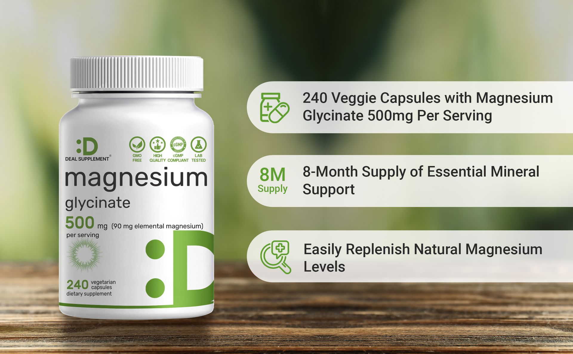 Deal Supplement Magnesium Glycinate 500mg Per Serving, 240 Veggie Capsules