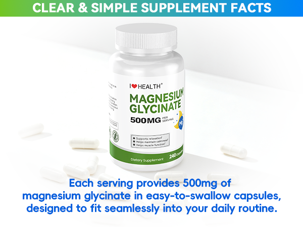 Magnesium Glycinate 500mg per Capsule – 240 Capsules – High Absorption Magnesium Supplement for Relaxation, Calmness & Muscle Support – Gentle on Stomach – Made in USA