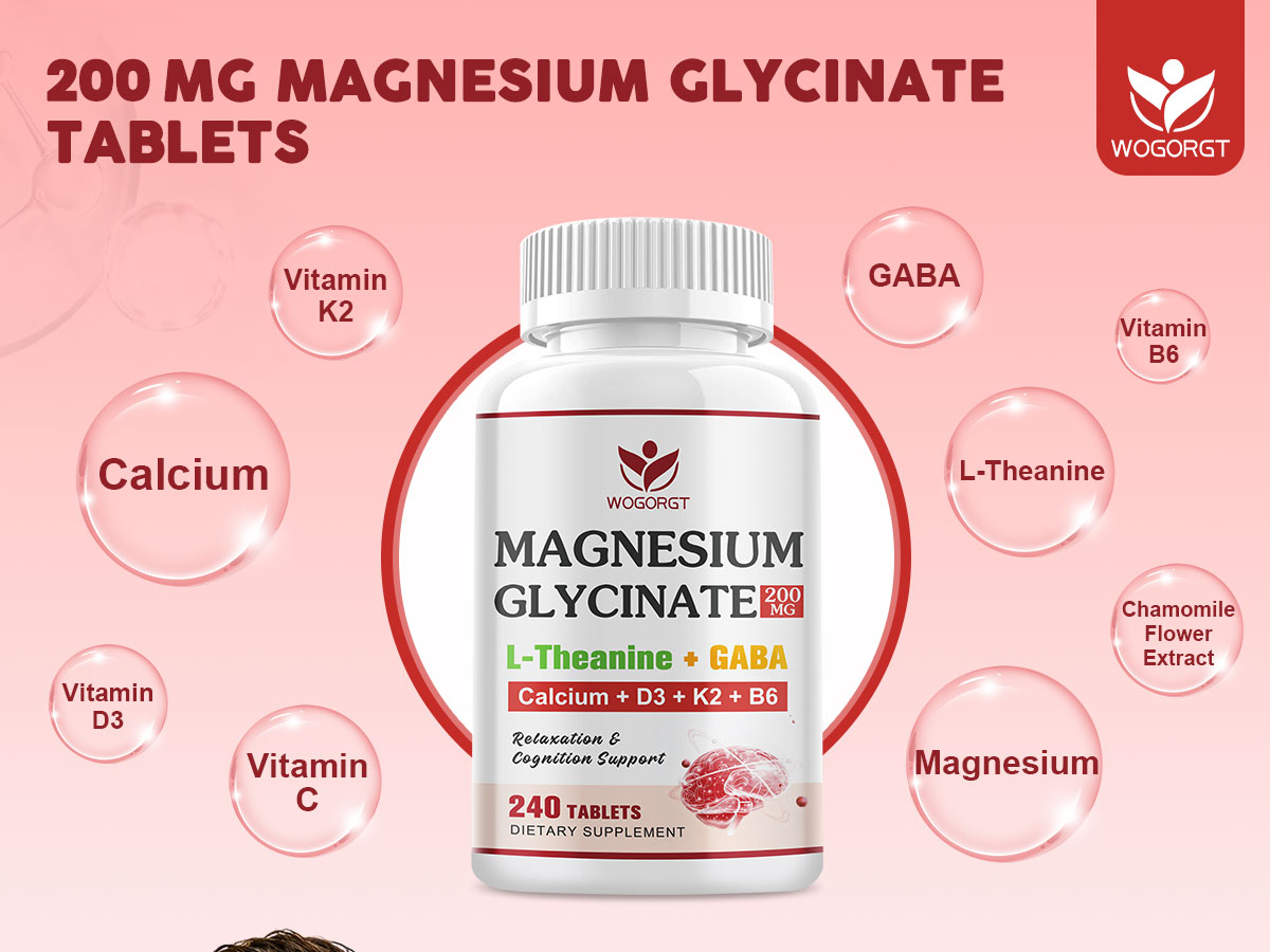 Magnesium Glycinate 200mg with L-Theanine for Women & Men, 240 Tablets