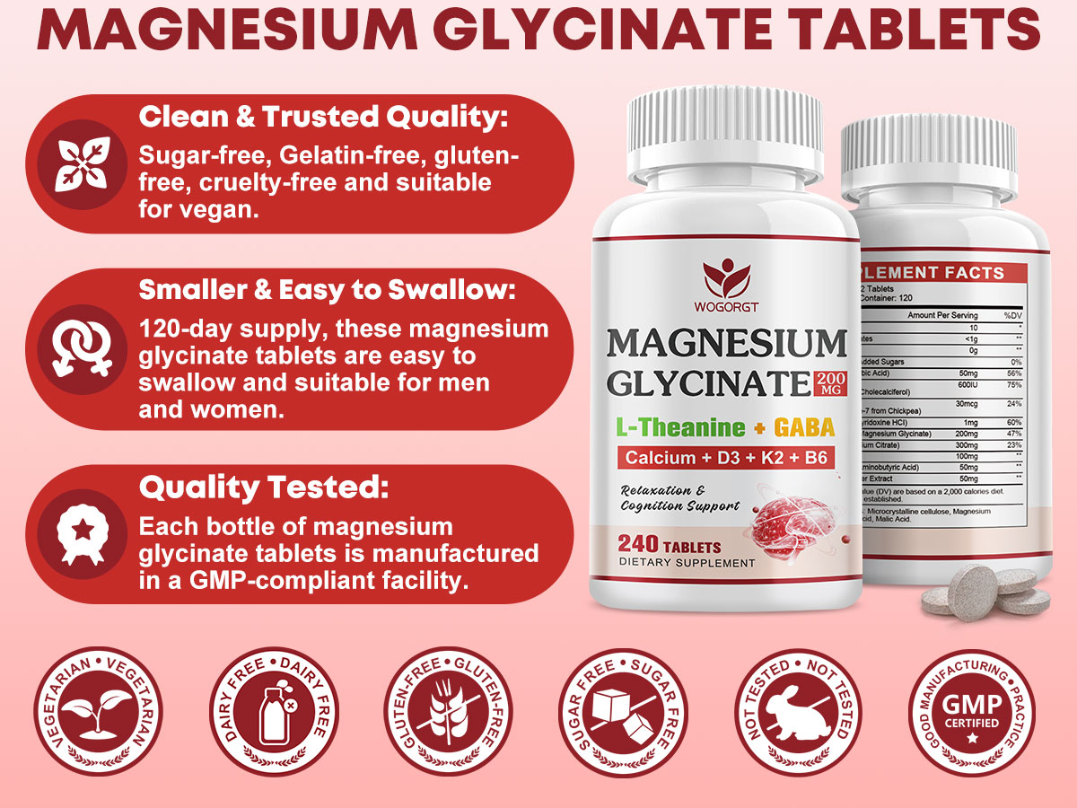Magnesium Glycinate 200mg with L-Theanine for Women & Men, 240 Tablets