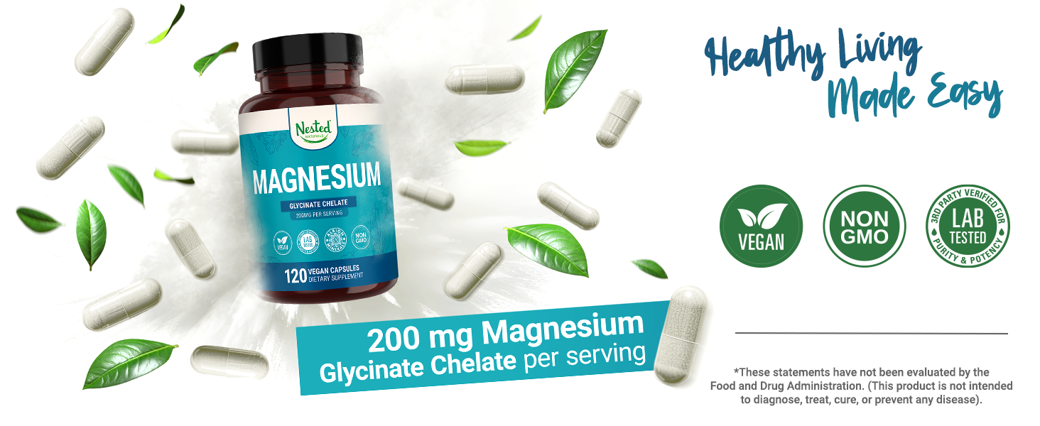 Nested Naturals Magnesium Glycinate Chelate - 200mg Chelated Magnesium Supplement for Muscle Cramps, Relaxation, & Sleep Support - 100% Albion TRACCS Buffered Magnesium Glycinate - 120 Vegan Capsules
