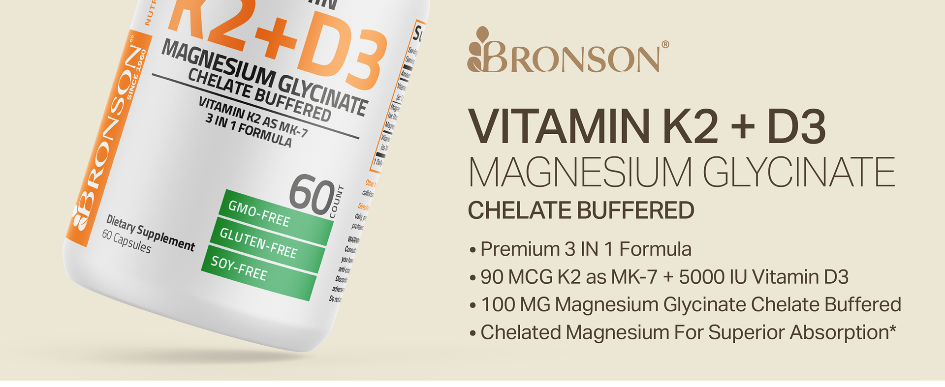 Bronson Vitamin K2+D3 Magnesium Glycinate Supplement, 60 Capsules