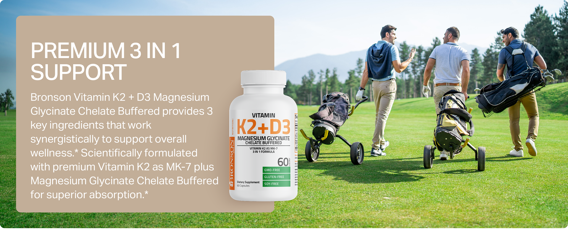 Bronson Vitamin K2+D3 Magnesium Glycinate Supplement, 60 Capsules