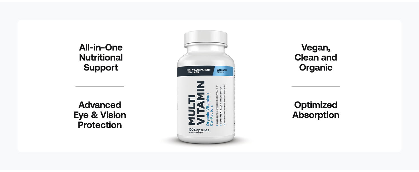Transparent Labs Daily Multivitamin for Women - Whole-Food-Based Multivitamin for Men, Vegan, Clean, Organic Vitamin Supplement w Vitamins, Lutein, Biotin, Folate & Magnesium - 120 Capsules