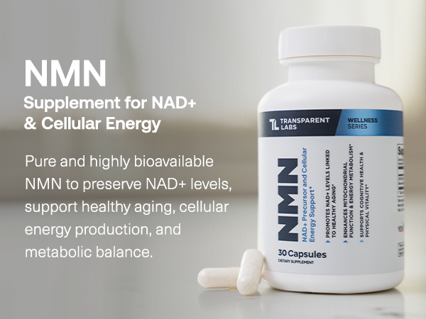 Transparent Labs NMN Supplement for NAD+ Levels - NAD Supplement with 600 mg Nicotinamide Mononucleotide to Support Healthy Aging, Cellular Energy Production, & Metabolic Balance - 30 Count