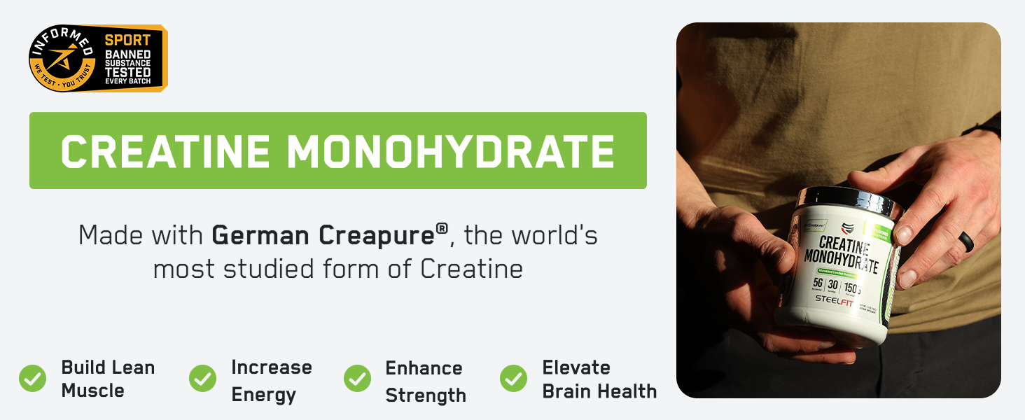 SteelFit Creapure Creatine Monohydrate Powder, Unflavored, 30 Servings