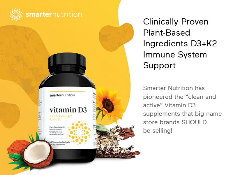 SMARTERNUTRITION Vegan Vitamin D3 5000 IU + Natural Vitamin K2 1100 mcg in Organic Coconut & Olive Oil - D3 K2 Supplement for Immune & Bone Support - 60 Softgels[30 Day Supply]