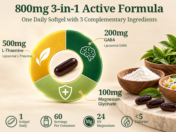 Vivaravida L-Theanine 800mg Supplement with GABA and Magnesium Glycinate - Natural Compound, Sleep and Relaxation (60 Softgels)