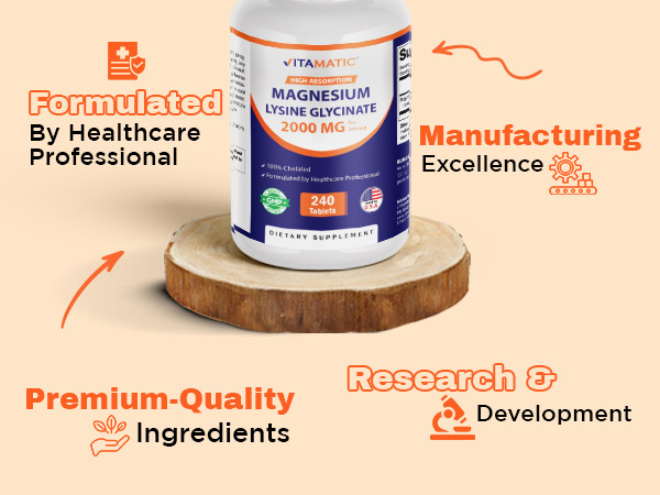 Vitamatic Magnesium as Glycinate Lysinate – 240 Tablets – 100% Chelated Magnesium - Supports Muscle Relaxation, Heart, Nerve Health* – Non-GMO, Gluten & Soy Free