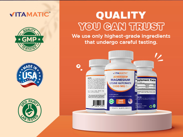 Vitamatic Magnesium as Glycinate Lysinate – 240 Tablets – 100% Chelated Magnesium - Supports Muscle Relaxation, Heart, Nerve Health* – Non-GMO, Gluten & Soy Free