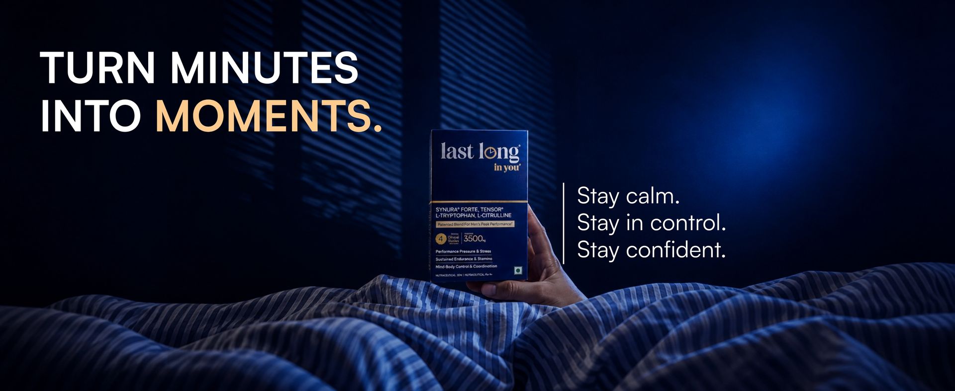 Last Long™ in you | Patented Ingredients for Men's Peak Performance Nutrition | Synura Forte® + Tesnor® + L-Tryptophan (5-HTP) + L-Citrulline | Stress Response, Stamina, Daily Confidence & Endurance