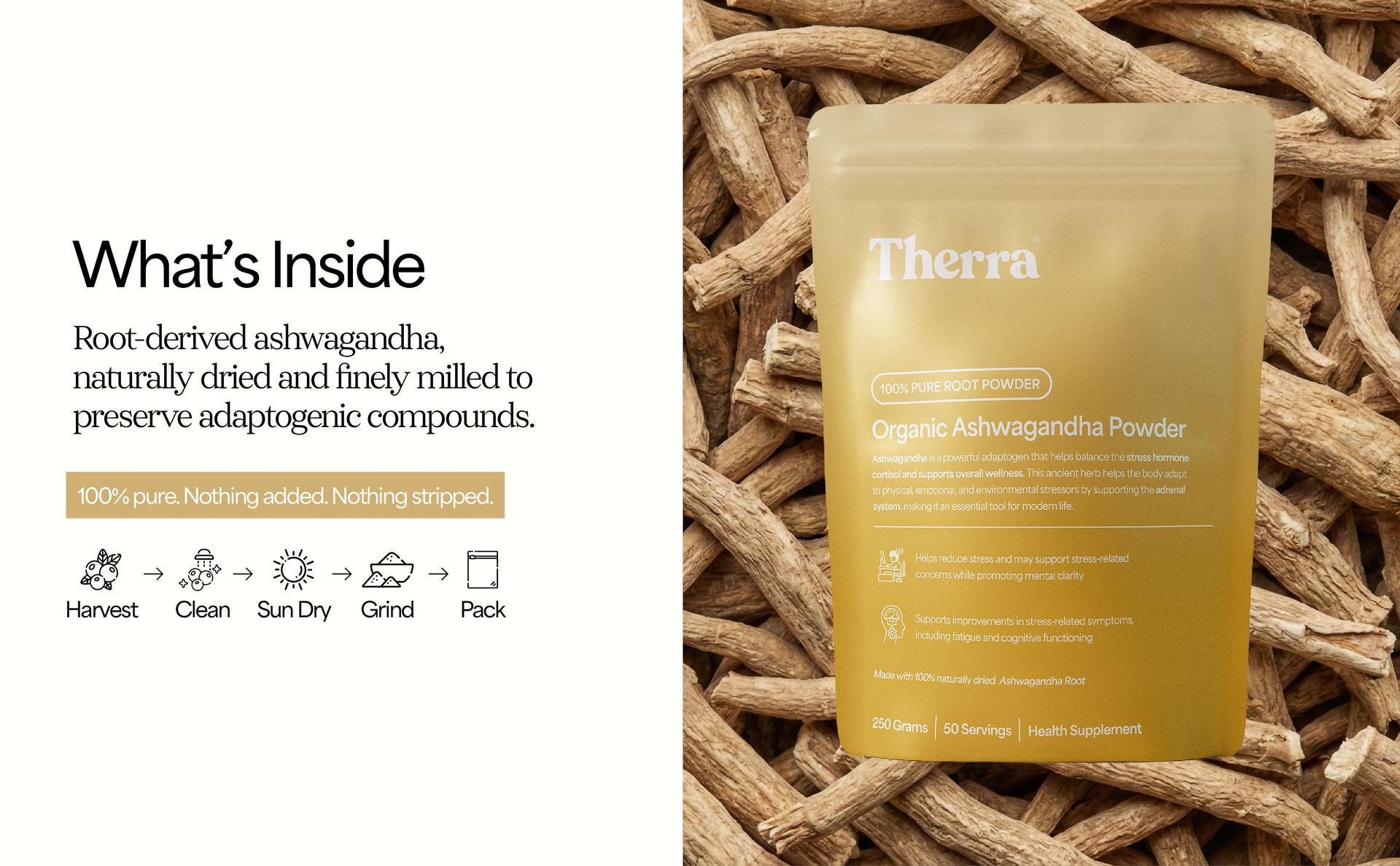 Therra Ashwagandha Powder 250g | 100% Organic & Pure Indian Ashwagandha | Naturally Dried | Helps Reduce Anxiety | Supports Energy, Strength, Vitality & Stress Management | Vegan | Certified Non-GMO