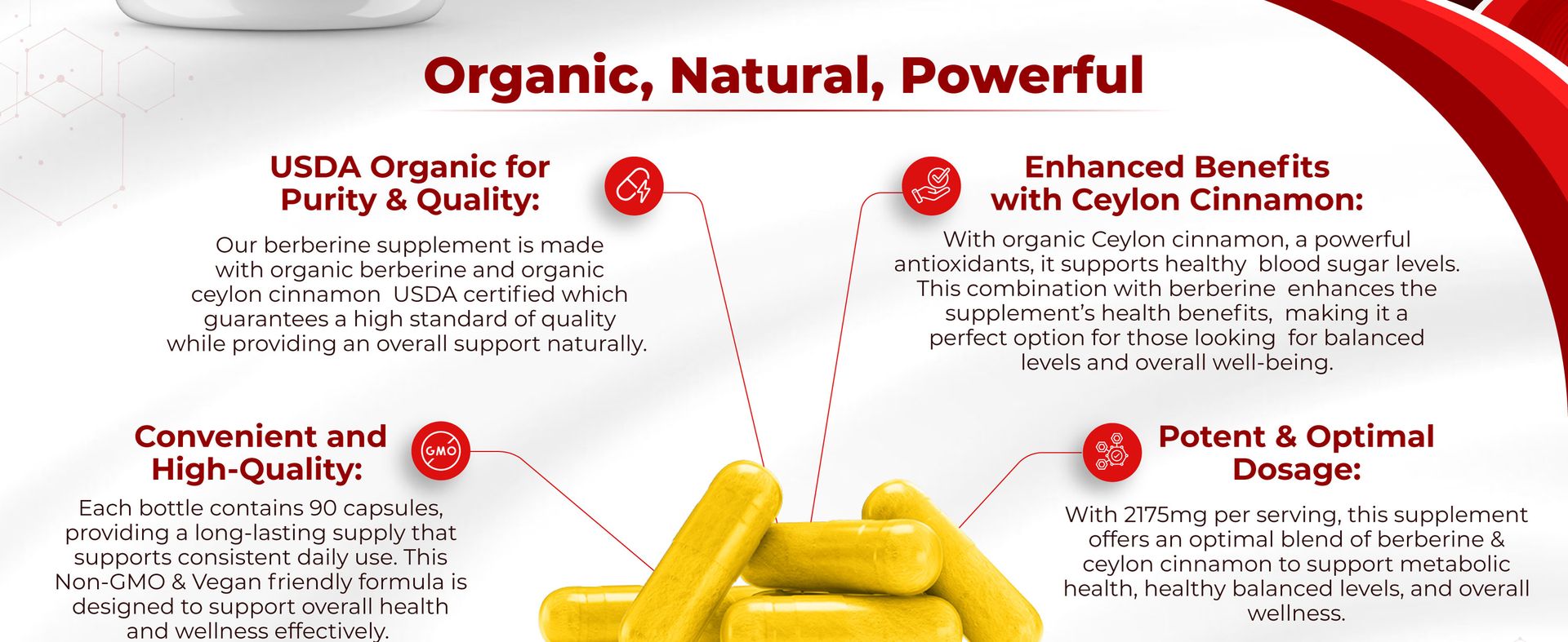 Organic Berberine with Ceylon Cinnamon 2175mg - Premium berberine supplement high purity extract USDA Organic, support immune system, Berberine Plus Complex, Non-GMO Vegan for Men Women 90 Capsules