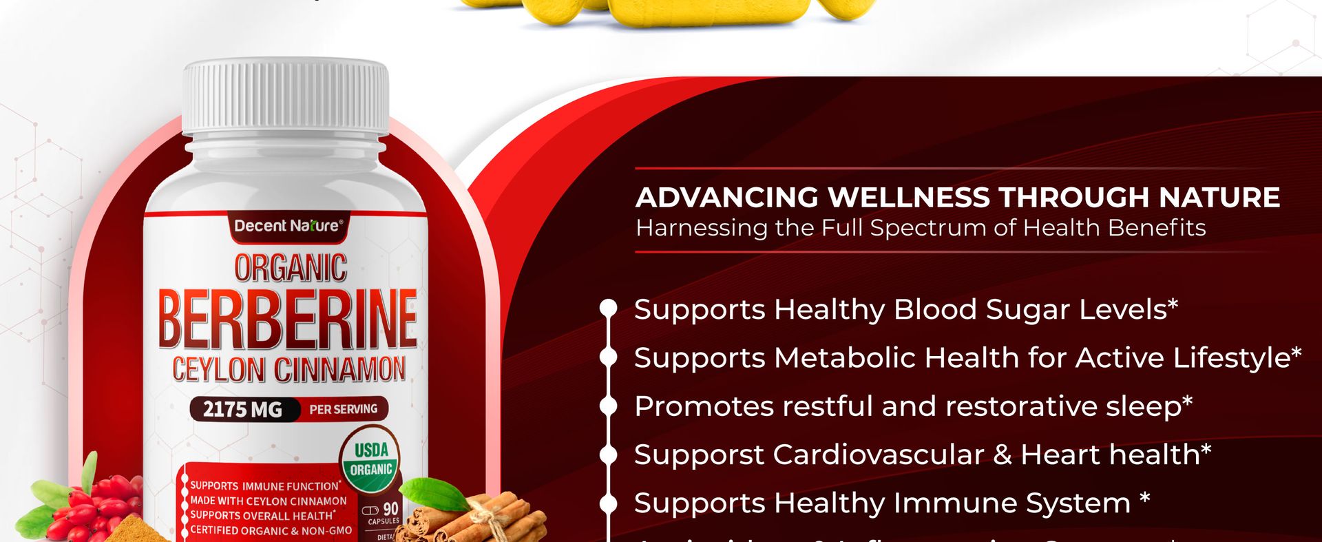 Organic Berberine with Ceylon Cinnamon 2175mg - Premium berberine supplement high purity extract USDA Organic, support immune system, Berberine Plus Complex, Non-GMO Vegan for Men Women 90 Capsules
