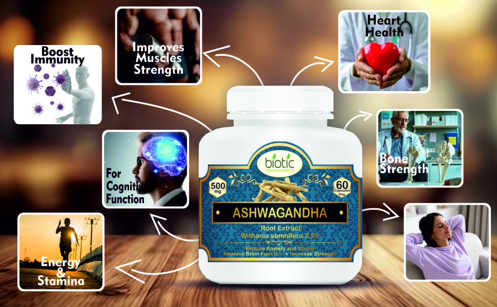 Biotic Ashwagandha Capsules 500mg - Ashwagandha Supplements for Men and Women - Aswagandha Root Extract - 60 Veg Capsules