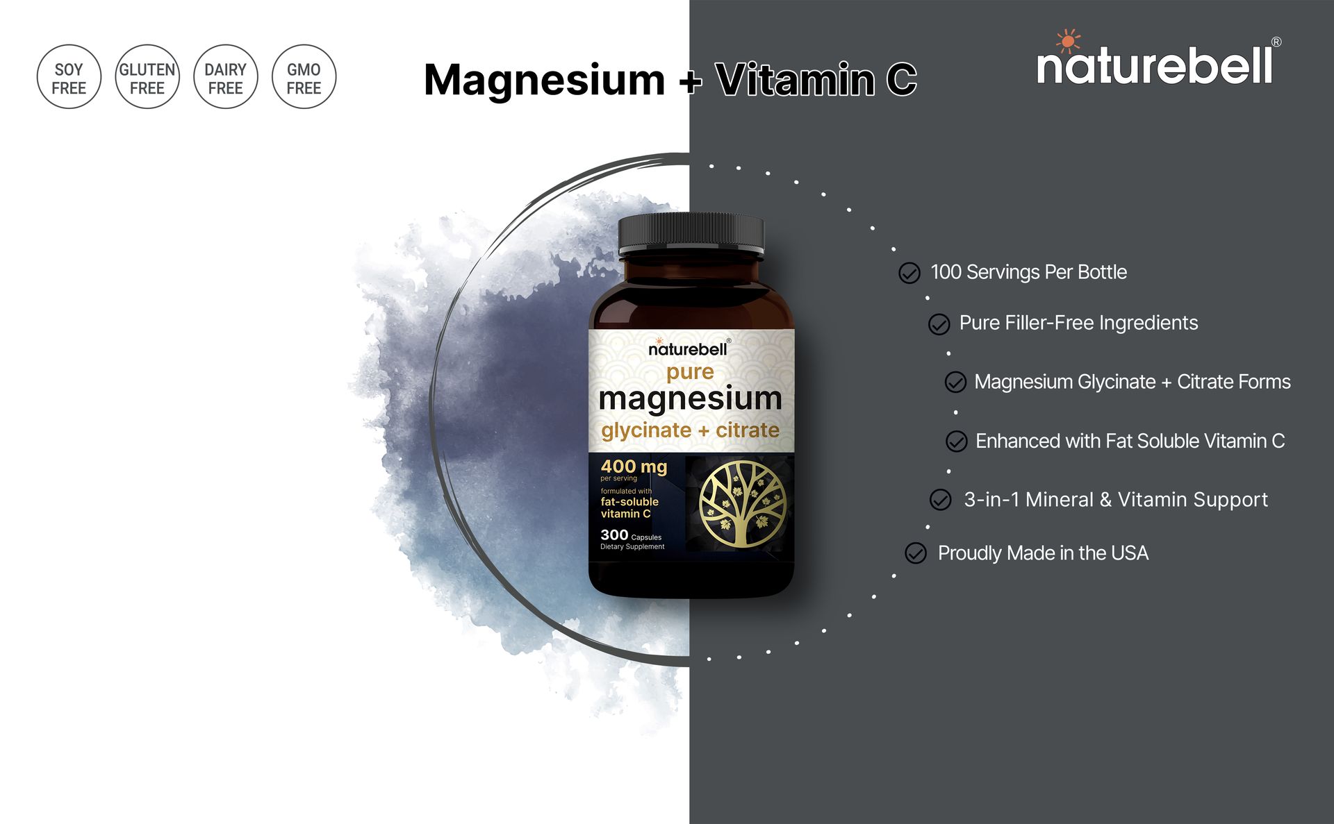 Magnesium Complex 400mg, 300 Capsules | Glycinate, Citrate | Chelated & Purified | Bone, Heart & Digestion Support | Non-GMO