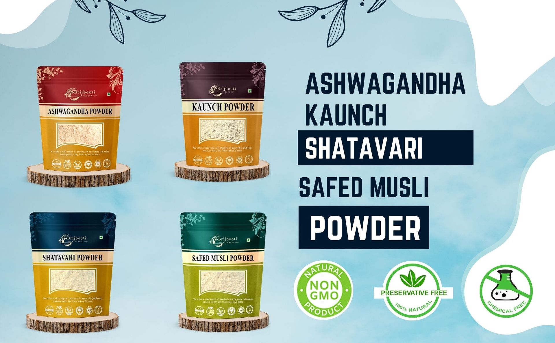 Birju Mahavir Combo Pack of Safed Musli Ashwagandha Kaunch Shatavari 100 Each, Multi-colored, Powder, 400 gram