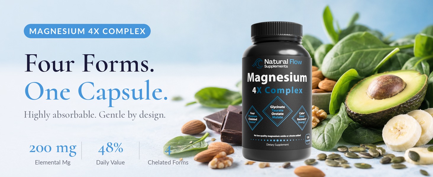Natural Flow Magnesium 4X Complex 200 mg Elemental, 120 Capsules