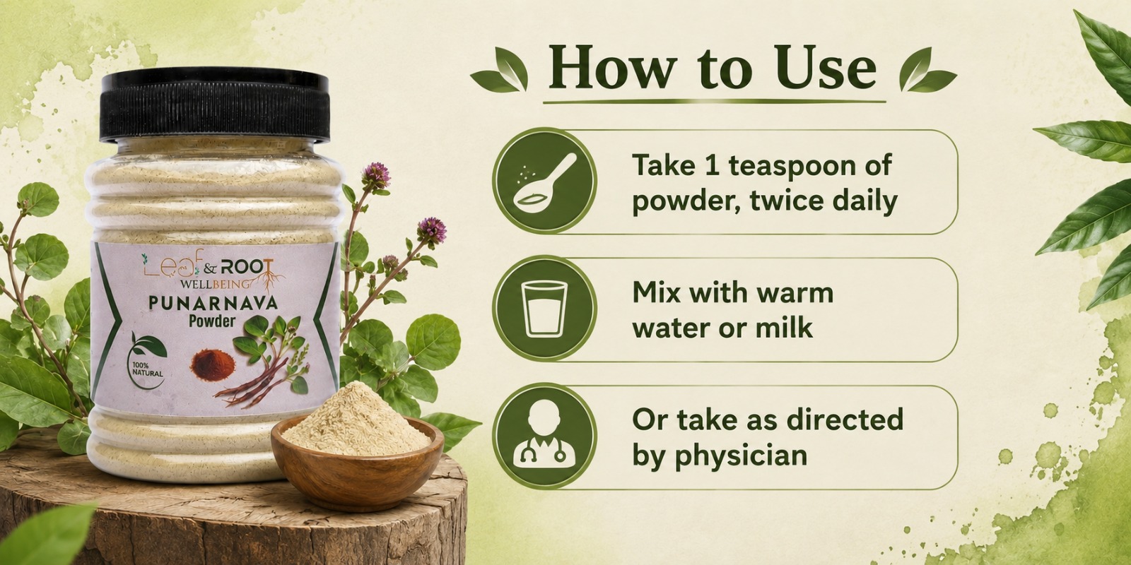 Leaf & Root Wellbeing Punarnava Powder 100g | 100% Pure Boerhavia Diffusa Root Powder | Natural Ayurvedic Herbal Supplement | Traditional Wellness | Plant-Based | No Added Sugar, Preservatives or Artificial Colors