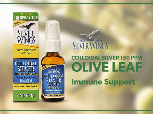 Natural Path Silver Wings Colloidal Silver 150ppm (750mcg) w/Olive Leaf - Immune Support Supplement - 1oz Spray
