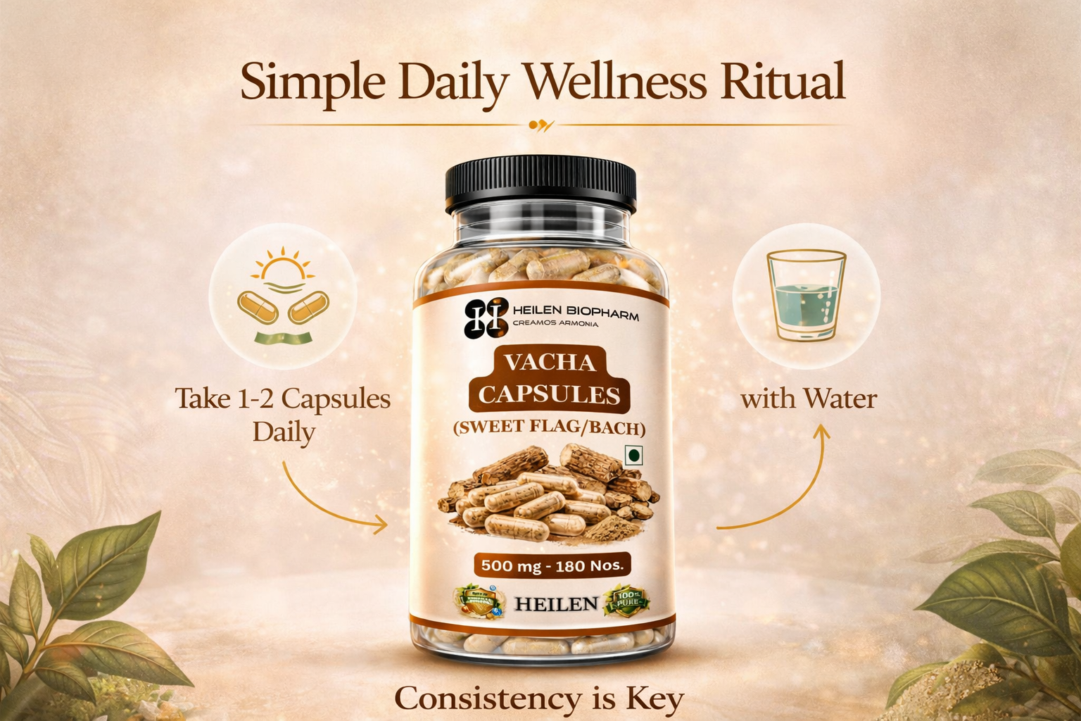 Heilen Biopharm Vacha Powder (Sweet Flag/Bach) Capsules – 500 mg × 180 Capsules | Herbal Dietary Supplement | Natural Wellness Support | GMP & FSSAI Certified