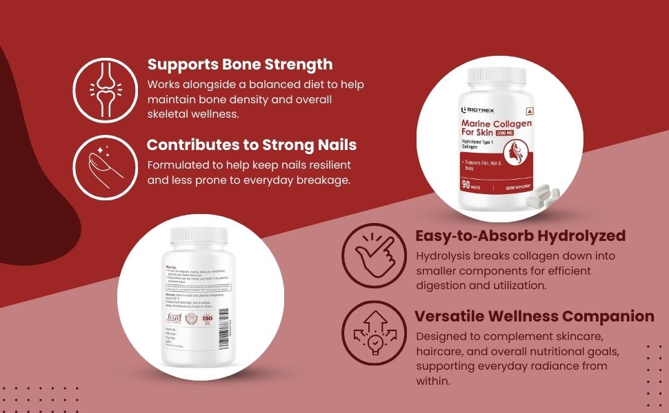 Biotrex Nutraceuticals Marine Collagen 3000mg Peptides With Biotin, Hyaluronic Acid, Vitamin C & E, Type 1 Marine Collagen, Healthy Hair, Skin, Nails, For Men & Women - 90 Tablets
