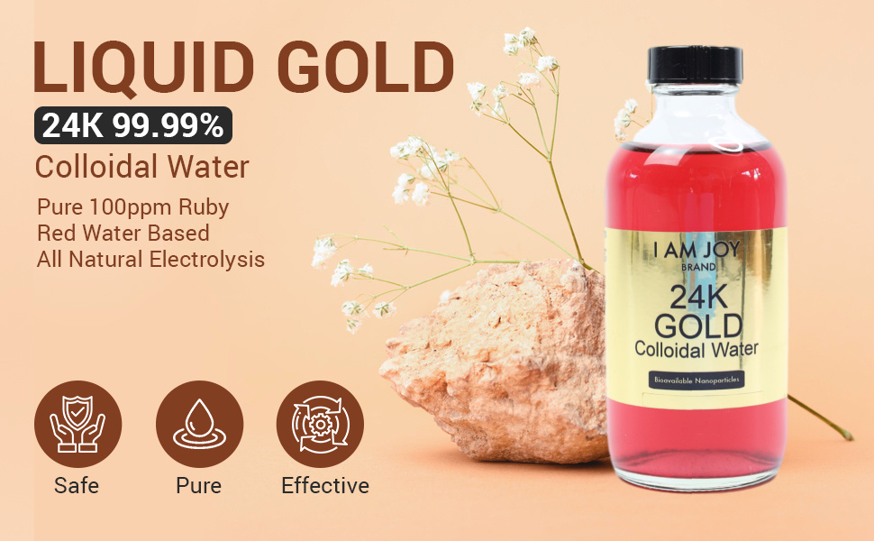 I Am Joy: Liquid Colloidal Gold 24k 99.99% Pure 100ppm Ruby Red Water Based All Natural Electrolysis Large 8oz Glass Bottle