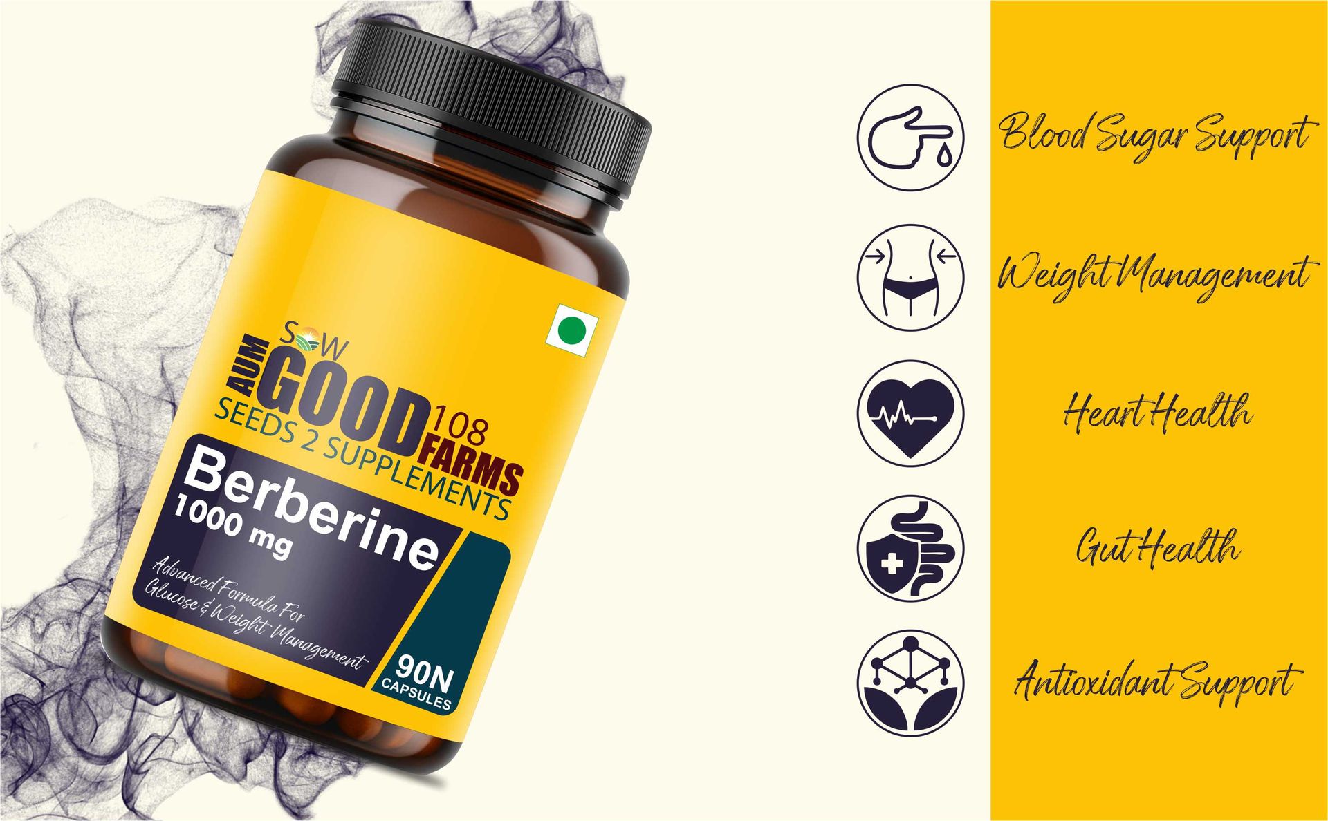 ASG 108 FARMS Berberine HCL Capsule 1000mg with Cinnamon, Gymnema For Blood Sugar & Metabolic Support | Healthy Cholesterol Levels For Men & Women (90 Count (Pack of 1))