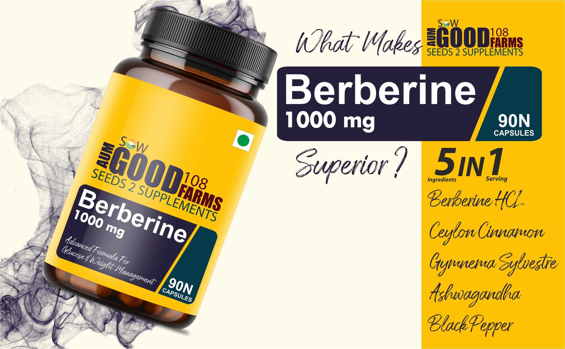 ASG 108 FARMS Berberine HCL Capsule 1000mg with Cinnamon, Gymnema For Blood Sugar & Metabolic Support | Healthy Cholesterol Levels For Men & Women (90 Count (Pack of 1))