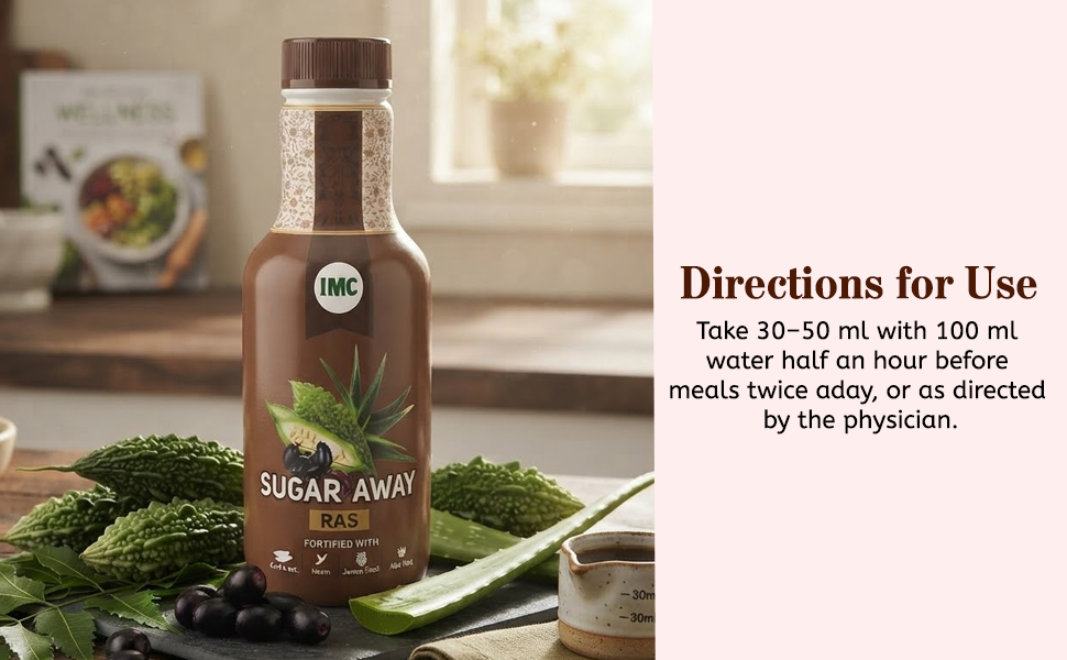 IMC Sugar Away Ras (500ml) Extracts from 5 Rare Natural Varieties | Fortified with Aloe Vera, Karela, Shudh Shilajit, Giloy & Leh Berry