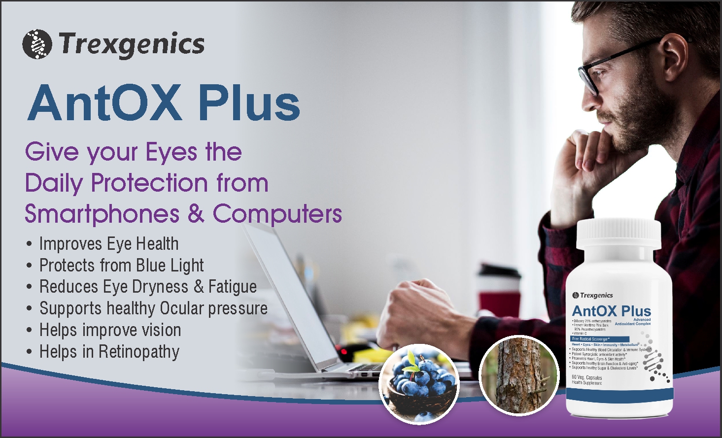 Trexgenics ANTOX PLUS Bilberry 25% 200 mg, Pine bark 90% 200 mg & Vitamin C Advanced Antioxidant complex, Heart, Eyes, Skin, Immunity, Metabolism (60 Vcaps) (1)