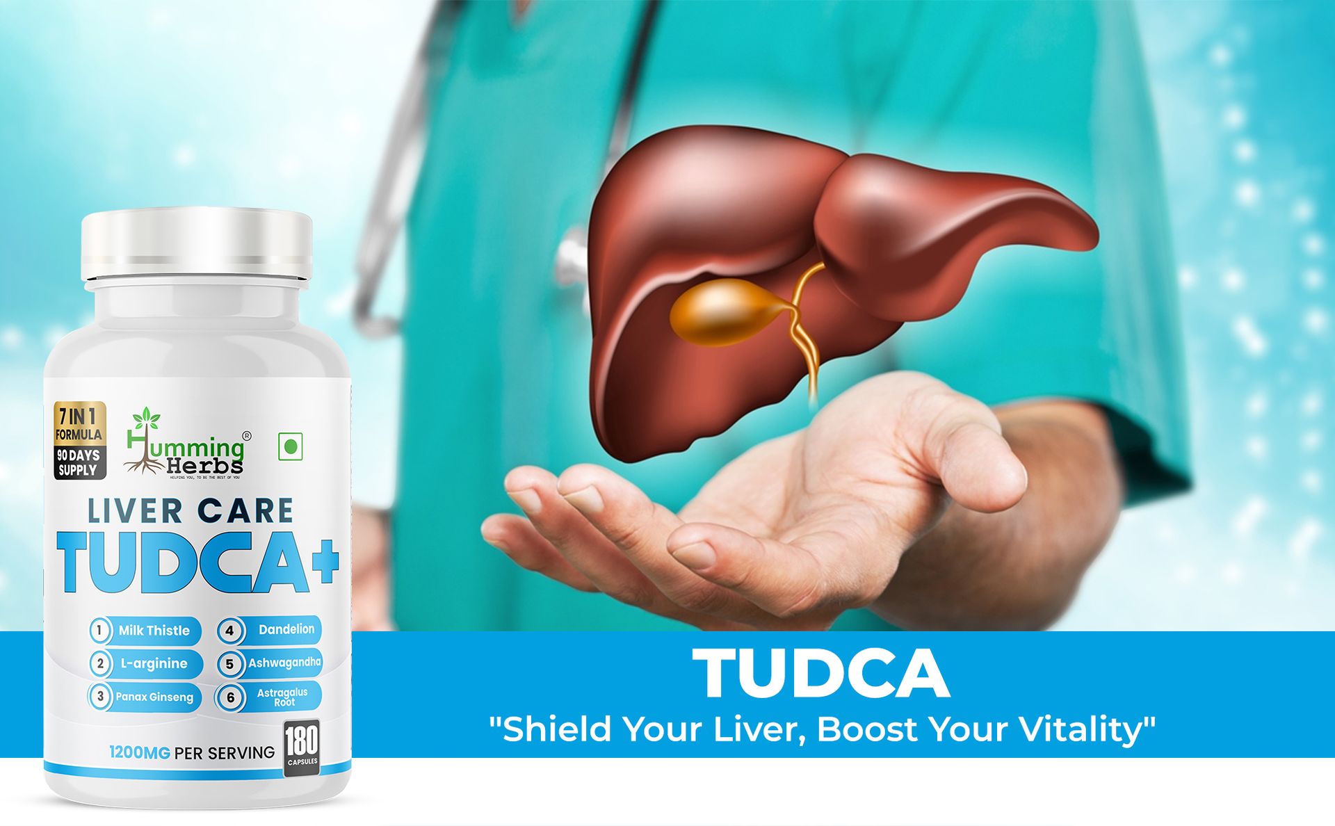 Humming Herbs Liver Care TUDCA+ | 7-in-1 Formula with Milk Thistle, Dandelion & Panax Ginseng | Supports Liver Health & Detoxification | 1200mg per Serving | 180 Veg Capsules