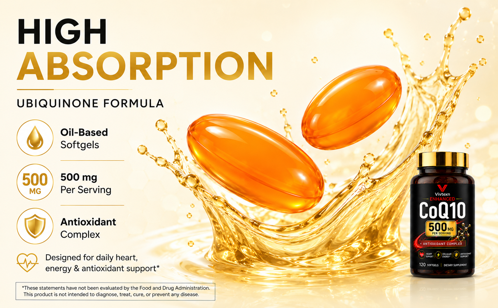 CoQ10 Supplement 500mg, Coenzyme Q10 Ubiquinone, Antioxidant & Cellular Energy Support, Heart Wellness Support, Daily Dietary Supplement for Adults, 120 Softgels