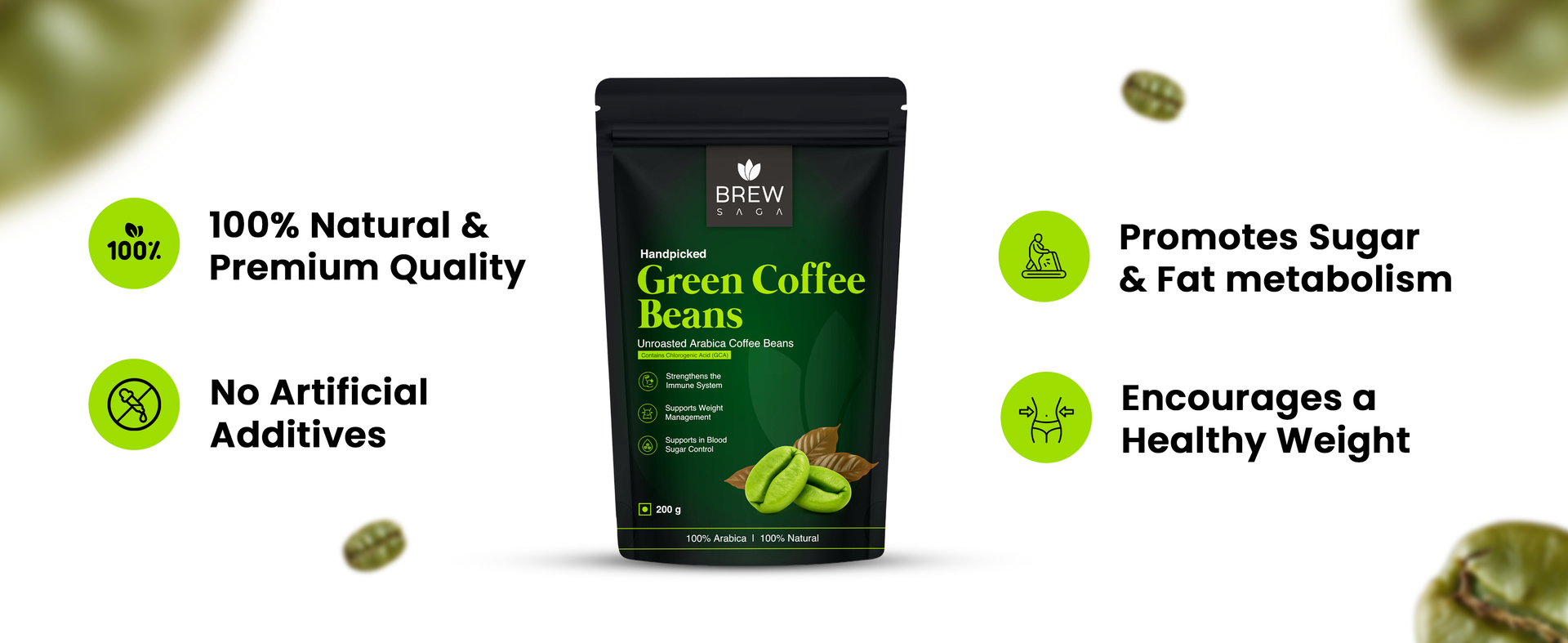 Brewsaga Unroasted Arabica Pure Green Coffee Beans Whole | Weight Management & Detox For Men & Women | Chlorogenic Acid for Natural Weight Loss | Body Detoxification Powder | 200g | Pack of 2 (2)