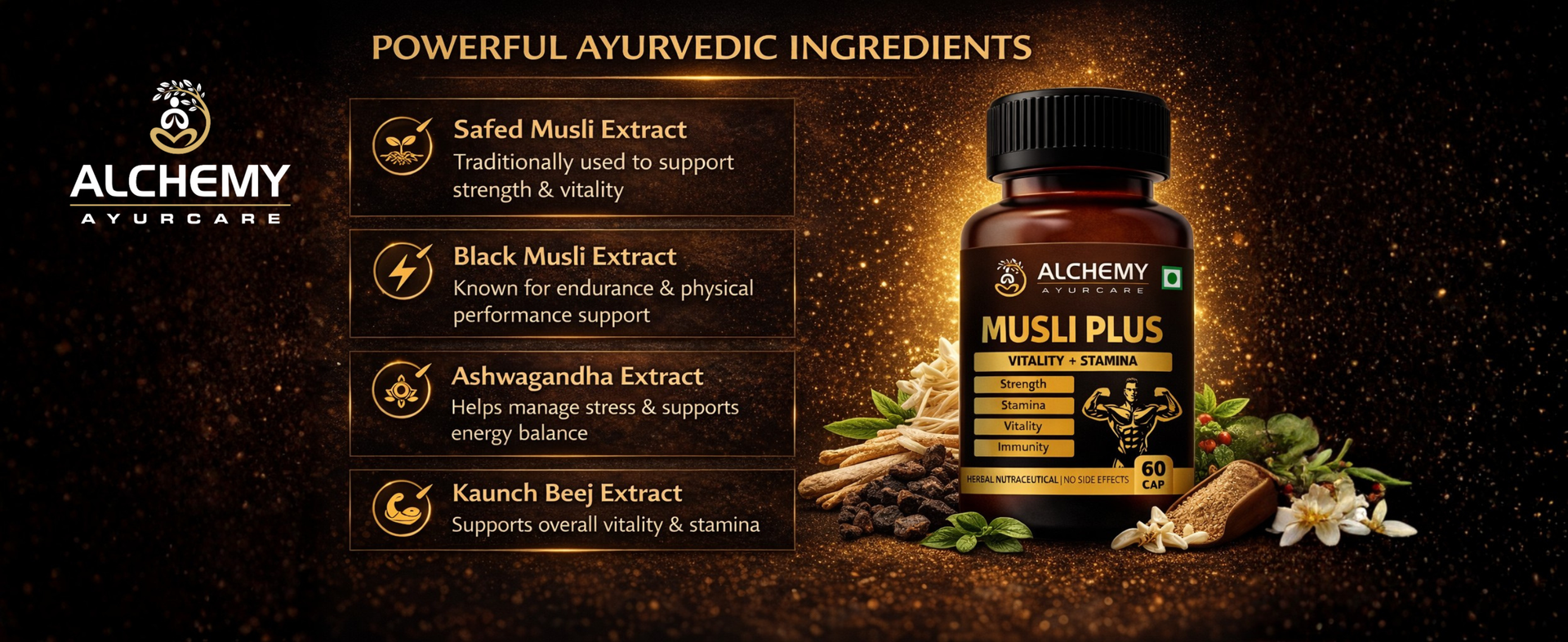 Musli Plus Capsules by Alchemy Ayurcare | Safed Musli, Black Musli, Ashwagandha, Kaunch Beej & Gokshura Blend | Strength, Stamina & Vitality Support | Men & Women | 60 Veg Capsules