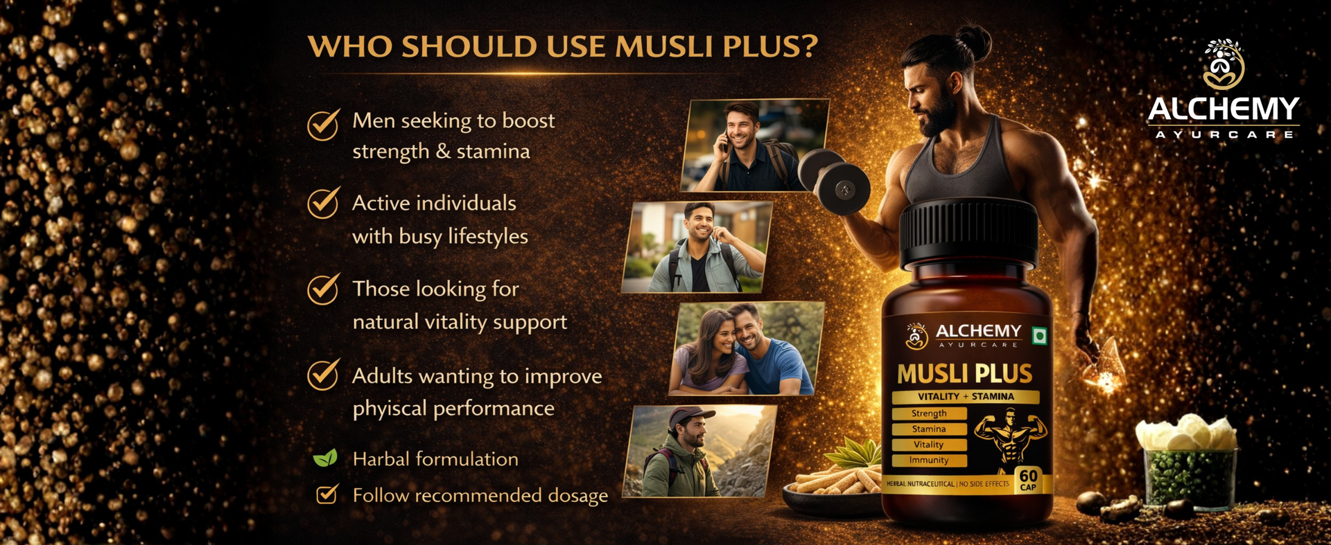 Musli Plus Capsules by Alchemy Ayurcare | Safed Musli, Black Musli, Ashwagandha, Kaunch Beej & Gokshura Blend | Strength, Stamina & Vitality Support | Men & Women | 60 Veg Capsules