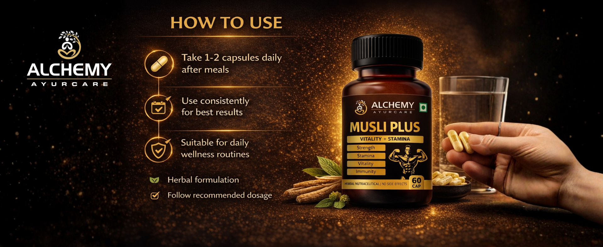 Musli Plus Capsules by Alchemy Ayurcare | Safed Musli, Black Musli, Ashwagandha, Kaunch Beej & Gokshura Blend | Strength, Stamina & Vitality Support | Men & Women | 60 Veg Capsules