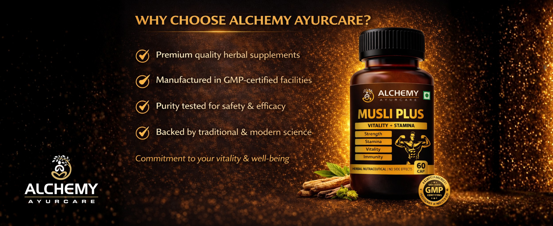 Musli Plus Capsules by Alchemy Ayurcare | Safed Musli, Black Musli, Ashwagandha, Kaunch Beej & Gokshura Blend | Strength, Stamina & Vitality Support | Men & Women | 60 Veg Capsules