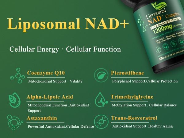 Liposomal NAD+ Supplement with Resveratrol, CoQ10 | Advanced Cellular Support, Nicotinamide Riboside NMN Replacement Premium Antioxidant & Energy